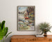 Vintage poster Les Brenets — PLM, salt baths at Besançon, framed above a wooden dresser between plants.