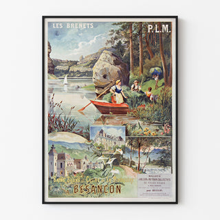 Vintage poster Les Brenets — PLM, salt baths at Besançon, displayed in a slim frame on a light wall.