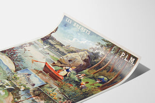 Vintage poster Les Brenets — PLM, salt baths at Besançon, shown on a curled sheet, perspective view.