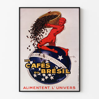 Vintage Les Cafés du Brésil poster, framed in a thin frame on a light wall.
