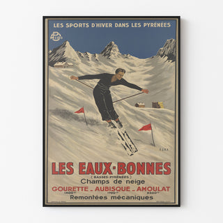 Póster vintage Les Eaux-Bonnes, deportes de invierno, presentado en un marco fino sobre una pared clara.