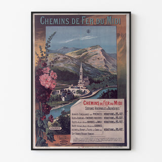 Póster vintage de Lourdes, estaciones balnearias, presentado en un marco delgado sobre una pared clara.