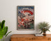 Vintage Luchon poster, casino and spa, framed above a wooden chest, between plants.