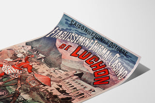 Vintage Luchon poster, casino and spa, shown on a curved sheet, perspective view.