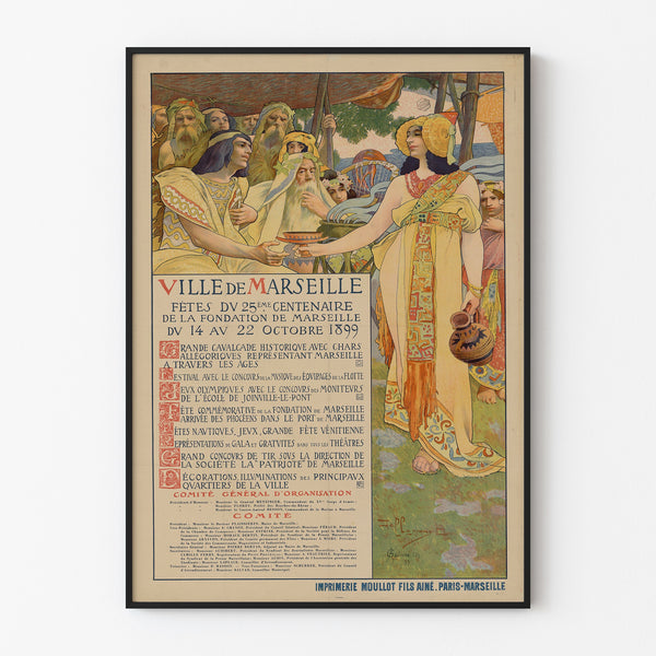 Póster vintage Marseille, fêtes du centenaire, presentado en un marco fino sobre una pared clara.