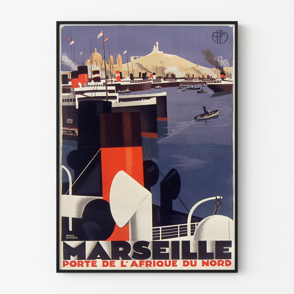 Póster vintage Marseille, porte de l’Afrique du Nord, presentado en un marco fino sobre una pared clara.