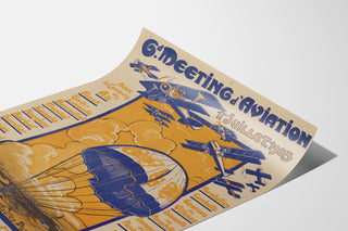 Vintage aviation meeting poster, Clermont-Ferrand, shown on a curled sheet, perspective view.