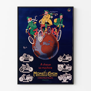 Póster vintage Monet & Goyon, máquinas, presentado en un marco delgado sobre una pared clara.