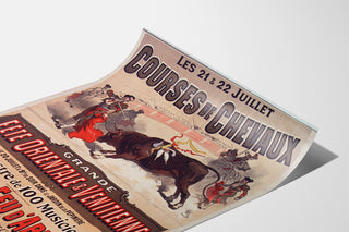 Póster vintage Mont-de-Marsan, fiestas y carreras, presentado en una hoja curvada, visto en perspectiva.