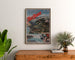 Vintage Mont-Revard poster, rack railway, framed above a wooden dresser, between plants.