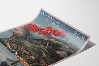 Vintage Mont-Revard poster, rack railway, shown on a curved sheet, seen in perspective.