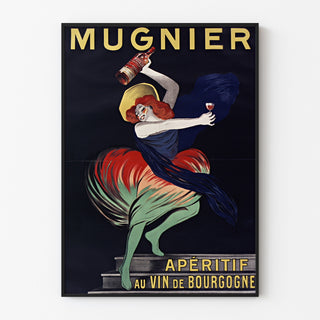 Cartel vintage Mugnier. Aperitivo con vino de Borgoña, presentado en un marco fino sobre una pared clara.