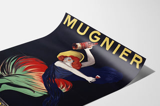 Cartel vintage Mugnier. Aperitivo con vino de Borgoña, colocado sobre una lámina curvada, visto en perspectiva.