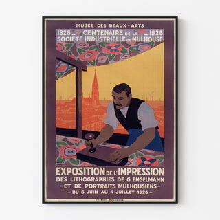 Póster vintage de Mulhouse, exposición litográfica, presentado en un marco delgado sobre una pared clara.