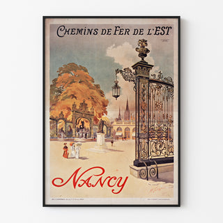 Póster vintage Nancy, chemins de fer de l’Est, presentado en un marco fino sobre una pared clara.