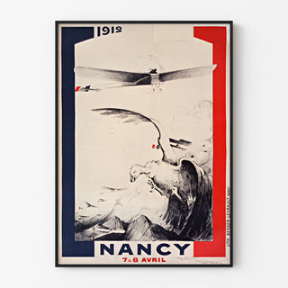 Póster vintage Nancy, meeting de aviación, presentado en un marco fino sobre una pared clara.