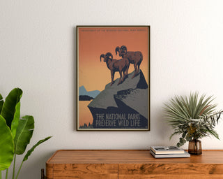 Póster vintage National Parks Preserve Wild Life, enmarcado sobre una cómoda de madera, entre plantas.