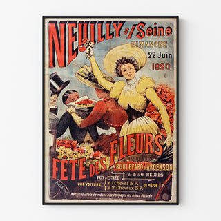 Póster vintage Neuilly, fiesta de las flores, 1890, presentado enmarcado con marco delgado sobre una pared clara.