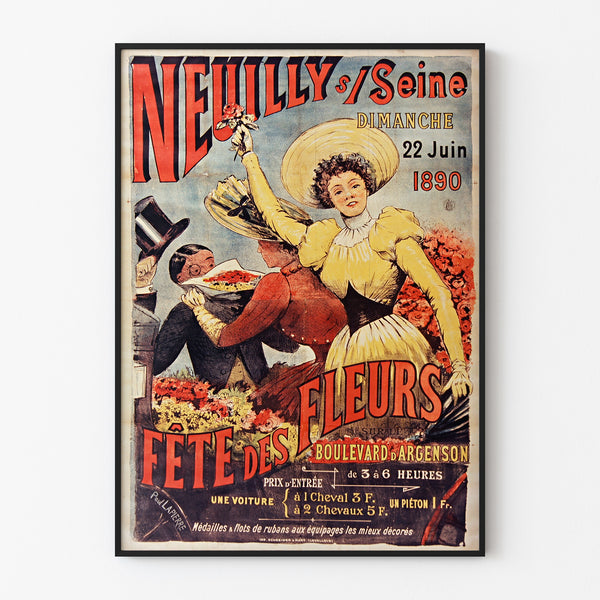 Póster vintage Neuilly, fiesta de las flores, 1890, presentado enmarcado con marco delgado sobre una pared clara.