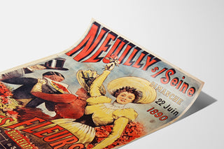 Póster vintage Neuilly, fiesta de las flores, 1890, presentado en una lámina curvada, vista en perspectiva.