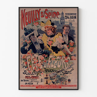 Póster vintage Neuilly, fiesta de las flores, 1894, presentado enmarcado con marco delgado sobre una pared clara.