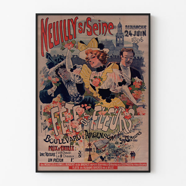 Póster vintage Neuilly, fiesta de las flores, 1894, presentado enmarcado con marco delgado sobre una pared clara.