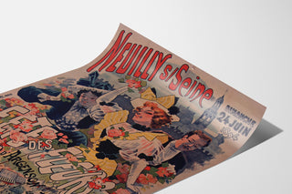 Póster vintage Neuilly, fiesta de las flores, 1894, presentado en una lámina curvada, vista en perspectiva.