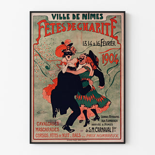 Vintage Nîmes poster, charity festivities, displayed in a thin frame on a light wall.