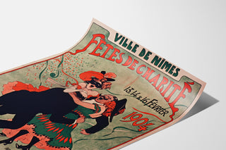 Vintage Nîmes poster, charity festivities, shown on a curved sheet, perspective view.