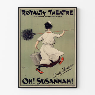 Póster vintage Oh! Susannah!, Royalty Theatre, presentado en un marco delgado sobre una pared clara.