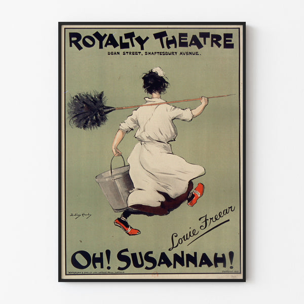 Póster vintage Oh! Susannah!, Royalty Theatre, presentado en un marco delgado sobre una pared clara.