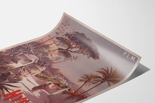 Vintage P.L.M. Hyères poster, shown on a curved sheet, viewed in perspective.