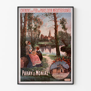 Póster vintage Paray-le-Monial, tren, presentado en un marco delgado sobre una pared clara.