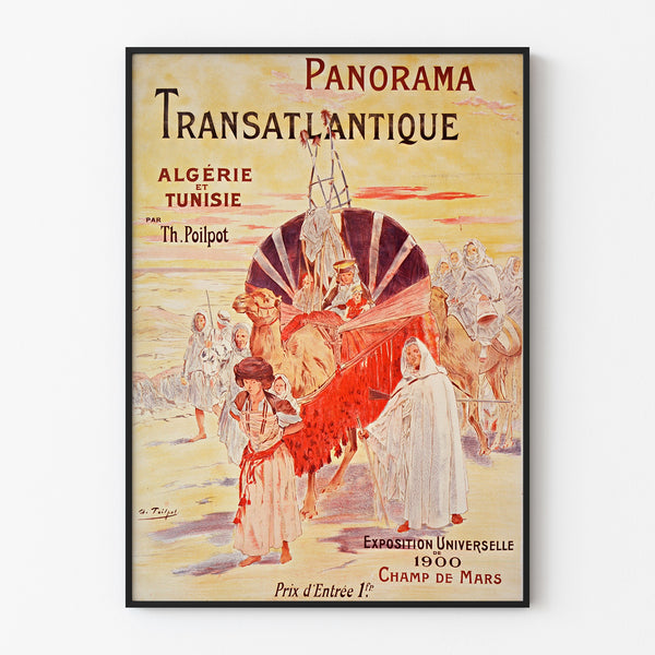 Cartel vintage París 1900, panorama transatlántico, presentado en un marco fino sobre una pared clara.