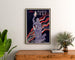 Vintage Paris poster 1937, Arts and Techniques, framed above a wooden dresser, between plants.