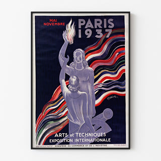 Vintage Paris poster 1937, Arts and Techniques, shown in a slim frame on a light wall.
