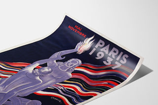 Vintage Paris poster 1937, Arts and Techniques, shown on a curved sheet, viewed in perspective.