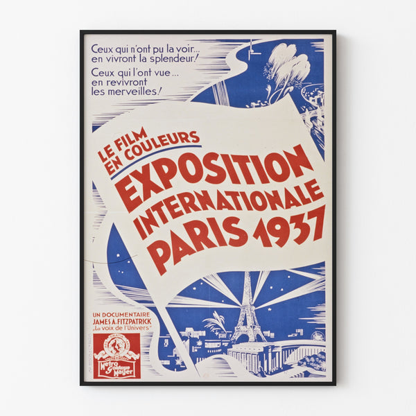 Cartel vintage París 1937, exposición internacional, presentado en un marco fino sobre una pared clara.