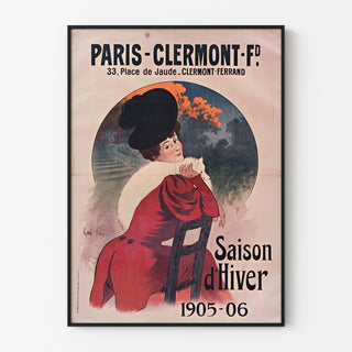 Póster vintage Paris-Clermont, temporada de invierno, presentado en un marco fino sobre una pared clara.