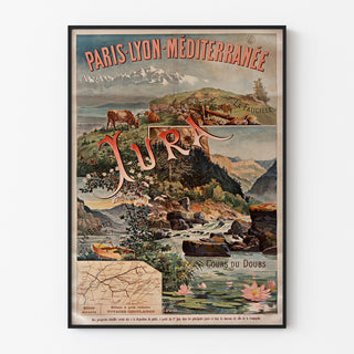 Póster vintage Paris Lyon Méditerranée, Jura, enmarcado en una pared clara con marco fino.