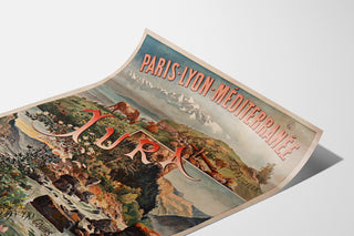 Póster vintage Paris Lyon Méditerranée, Jura, presentado sobre una lámina curvada, vista en perspectiva.