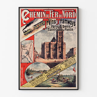 Vintage poster Paris, Saint-Denis, trains and trams, shown in a slim frame on a light wall.