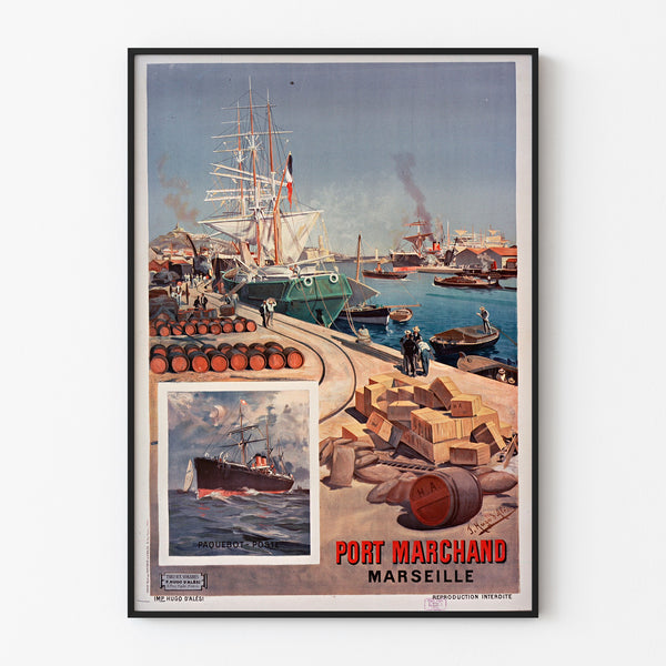 Póster vintage Port marchand. Marseille, presentado en un marco fino sobre una pared clara.