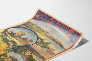 Vintage Pyrénées et Gascogne winter poster, presented on a curled sheet, seen in perspective.