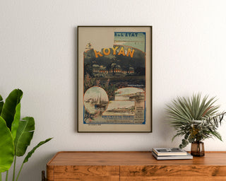 Vintage Royan, Grand Casino municipal poster, framed above a wooden dresser between plants.