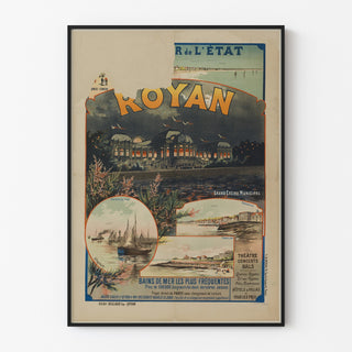 Vintage Royan, Grand Casino municipal poster, shown in a slim frame on a light wall.