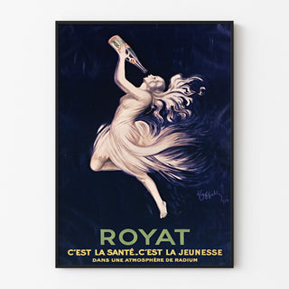 Vintage Royat poster, Santé et Jeunesse, shown in a thin frame on a pale wall.