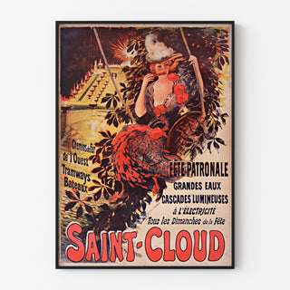 Póster vintage Saint-Cloud, fiesta patronal, enmarcado con marco delgado sobre una pared clara.