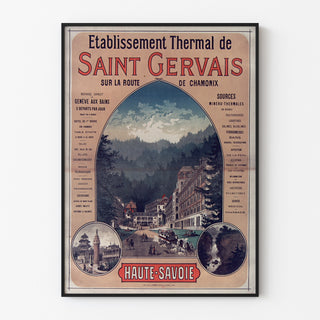 Cartel vintage Saint-Gervais, balneario, presentado en un marco fino sobre una pared clara.