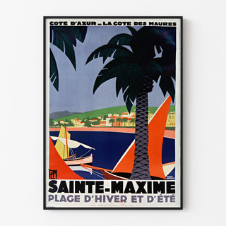Póster vintage Sainte-Maxime, costa de los Maures, presentado en un marco fino sobre una pared clara.